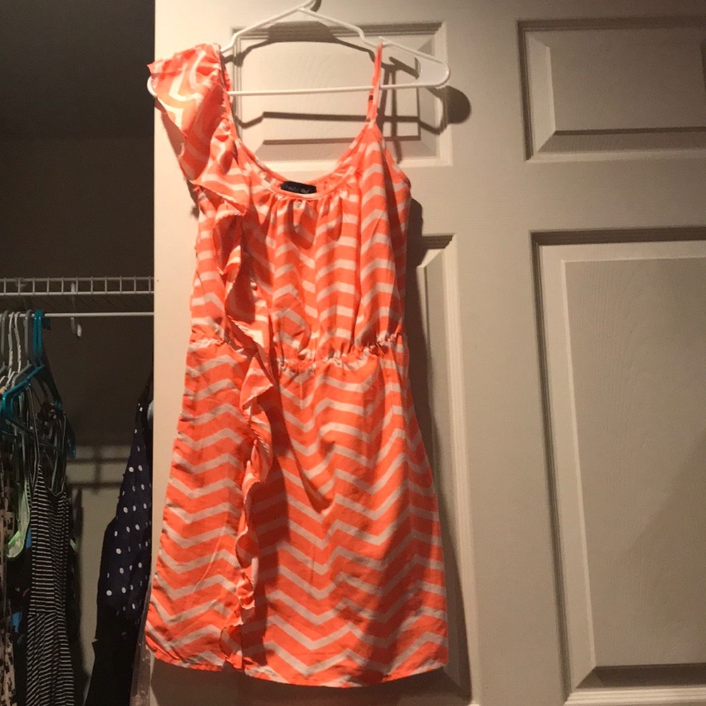 Chevron bright coral orange one side ruffle dress